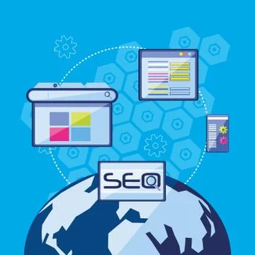 Search engine optimization with world planet Illustrazione stock