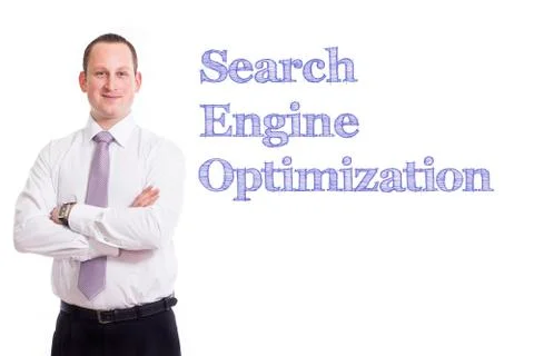 Search Engine Optimization - Young businessman with blue text Stock Photos