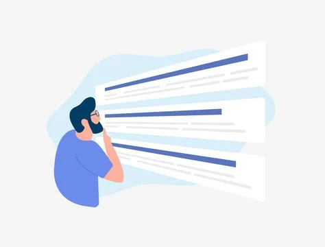 Search Engine Results Page - SERPs concept. Man looks at search result, first Stock Illustration