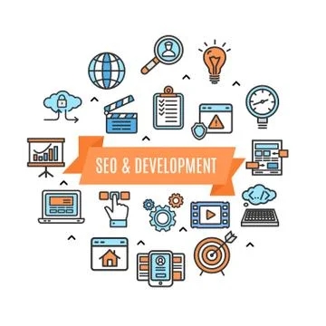 Search Engine Seo Color Round Design Template Line Icon Concept. Vector Stock Illustration