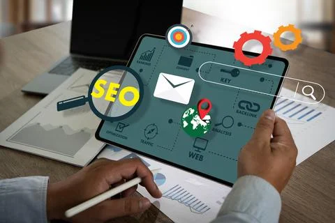 Search Engine SEO startup project man Searching information SEO performance Stock Photos