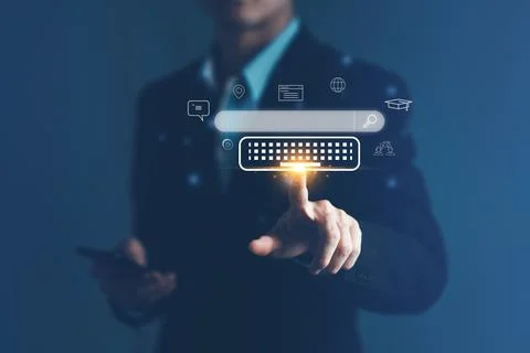 Search engine technology. Businessman touch search for data information wit.. Stock Photos