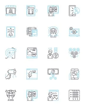 Search engine visitors linear icons set. Queries, Results, Rankings, Algorithms Stock Illustration