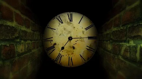 Search exit from the maze. Dark labyrinth with a clock.. 库存照片