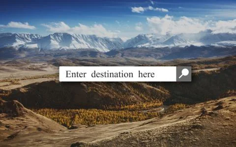 Search explore destination concept with  box and mountains backdrop Stock Photos
