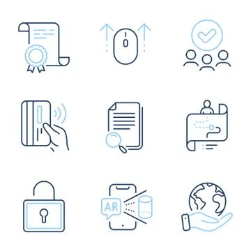 Search file, Journey path and Swipe up icons set. Lock, Augmented reality and Stock Illustration