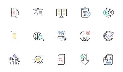 Search files, Voting hands and Video conference line icons for website, printing Illustrazione stock