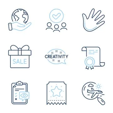 Search flight, Creativity and Hand icons set. Eye checklist, Sale offer and Stock Illustration