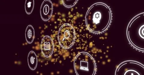 Search icon glowing in digital interface with golden particles and multiple Illustrazione stock