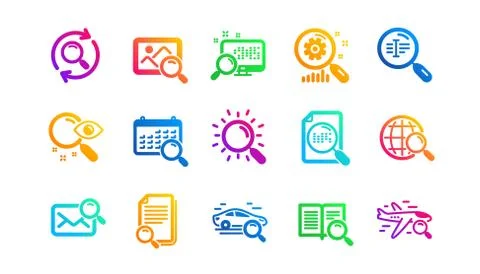 Search icons. Indexation, Artificial intelligence and Car rental. Classic icon Stock Illustration