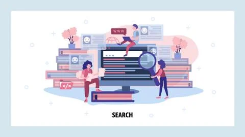 Search information and data on internet. People use computer to search on web Stock Illustration
