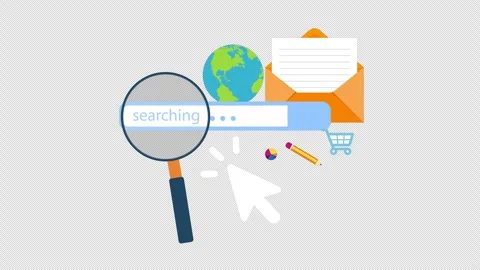 Search Interface with Magnifying Glass Internet Browsing Flat Animation on Black Stock Footage 339763591