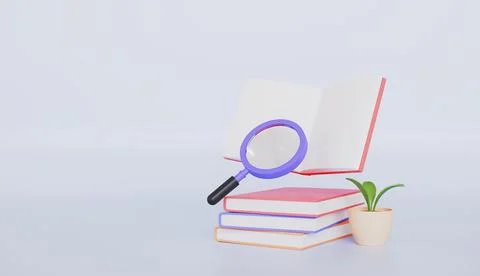 Search the knowledge in books and magnifying glass 3d rendering Stock Illustration