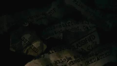 Search light passing over torn, discarded classified top secret papers Vídeo Stock 312321186
