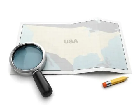 Search on the map. u.s. map magnifier and pencil on white background Stock Illustration