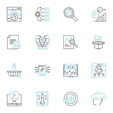 Search media linear icons set. Google, Bing, Yahoo, DuckDuckGo, Search, Results Stock Illustration