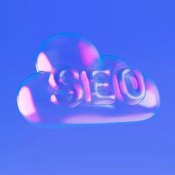 Search Optimization Concept In Digital Cloud. Glossy Glass SEO Letters On T.. Illustrazione stock