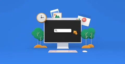 Search on PC, online class, desktop, video play online, time management conce Stock Illustration