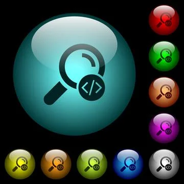 Search programming code icons in color illuminated glass buttons 스톡 일러스트