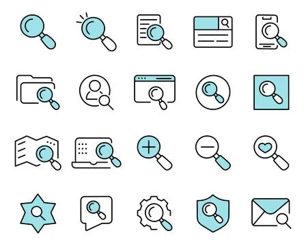 Search query icon set featuring magnifier document Illustrazione stock