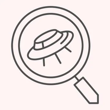 Search scan for ufo thin line icon. Spaceship and lens, magnifier. Astronomy Stock Illustration