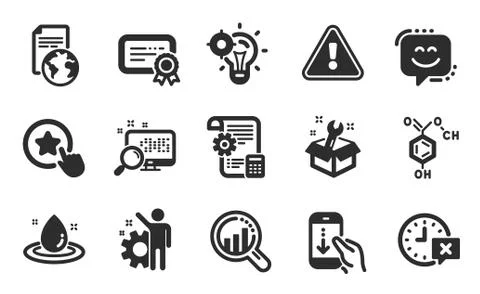Search, Smile face and Scroll down icons set. Time, Fuel energy and Chemical 스톡 일러스트