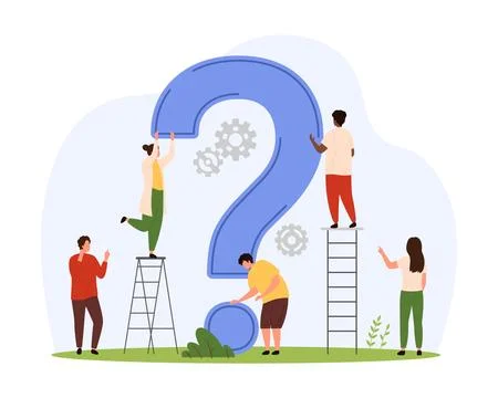 Search for solution and challenge, tiny people think about answer near big Stock Illustration