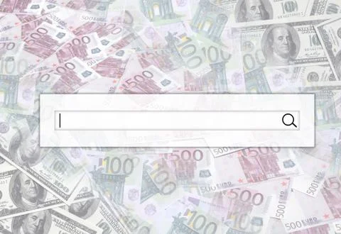 The search string is located on top of collage of many images of euro banknot Stock Photos