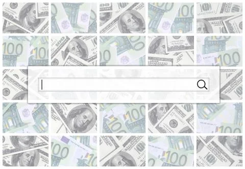 The search string is located on top of collage of many images of euro banknot Stock Photos