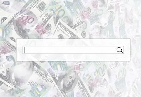 The search string is located on top of collage of many images of euro banknot Stock Photos
