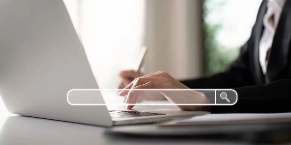Search technology, search engine optimization, businesswoman using laptop ... Stock Photos