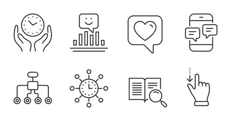 Search text, Restructuring and Heart icons set. Smile, Phone messages and World Stock Illustration