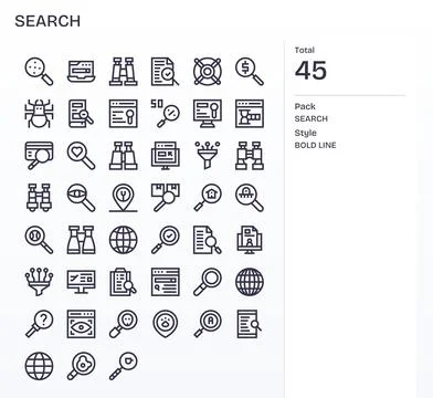 Search Vector Icon Collection with 45 256x256 Bold Line Designs Stock Illustration
