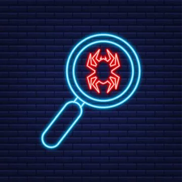 Search virus computer in flat style. Neon icon. Protection symbol. Internet Stock Illustration