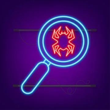 Search virus computer in flat style. Neon icon. Protection symbol. Internet Stock Illustration