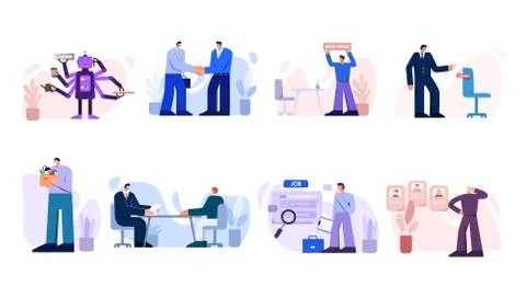 Search work set. Characters conclude business contract interview with new Stock Illustration