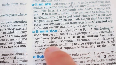 Searching for and finding a word alienation definition in a dictionary Stock Footage 97924404