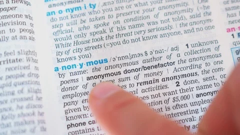 Searching for and finding a word anonymous definition in a dictionary Stock Footage 97924280
