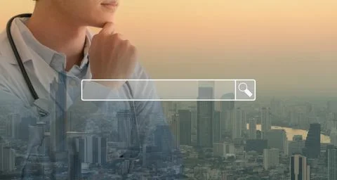 Searching browsing internet bar over background is A doctor holding Stethosco Stock-Fotos
