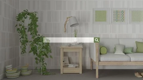 Searching, browsing, Internet data information, over green living room interi Stock Illustration