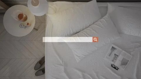 Searching, browsing, Internet data information, over modern bedroom with bed, Stock Illustration