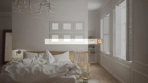 Searching, browsing, Internet data information, over scandinavian classic bed Illustrazione stock