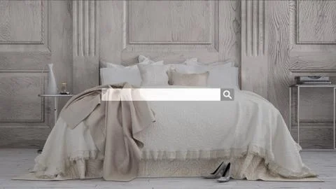 Searching, browsing, Internet data information, over classic bedroom with dou Illustrazione stock