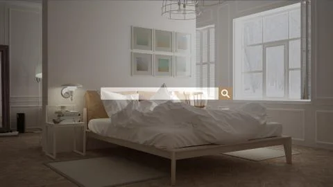Searching, browsing, Internet data information, over scandinavian classic bed Illustrazione stock