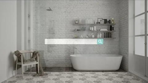 Searching, browsing, Internet data information, over vintage classic bathroom Illustrazione stock