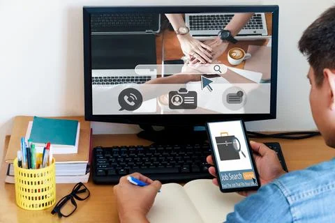 Searching Browsing Internet Data Information with blank search bar.businessma Stock Photos