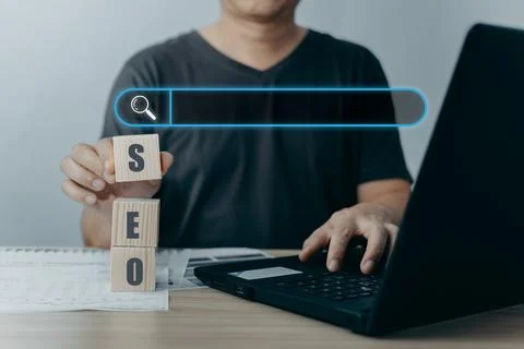 Searching Browsing Internet Data Information with blank search bar. hand of.. Stock Photos