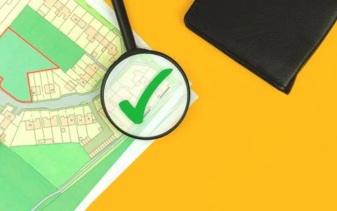 Searching building plot for house construction, mangifying glass on cadastral Fotos de archivo