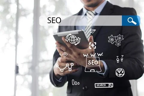 Searching Engine Optimizing SEO Browsing Concept, Businessman holding phone.. 스톡 사진