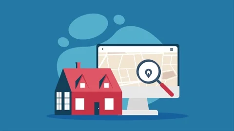 Searching for house on map using computer technology and magnifying glass. Stock Footage 334535218